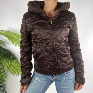 Y2K Maurices Womens Small Quilted Brown Hooded Jacket 2000s Fashion Winter Coat